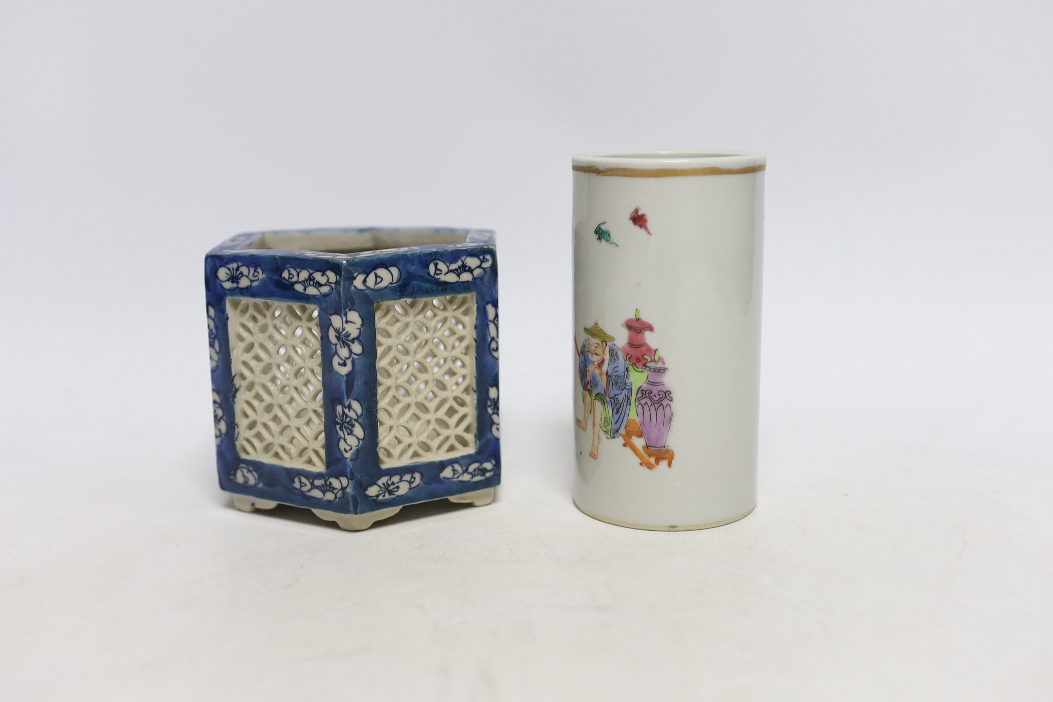 A Chinese hexagonal vase and a spill vase, 12cm high